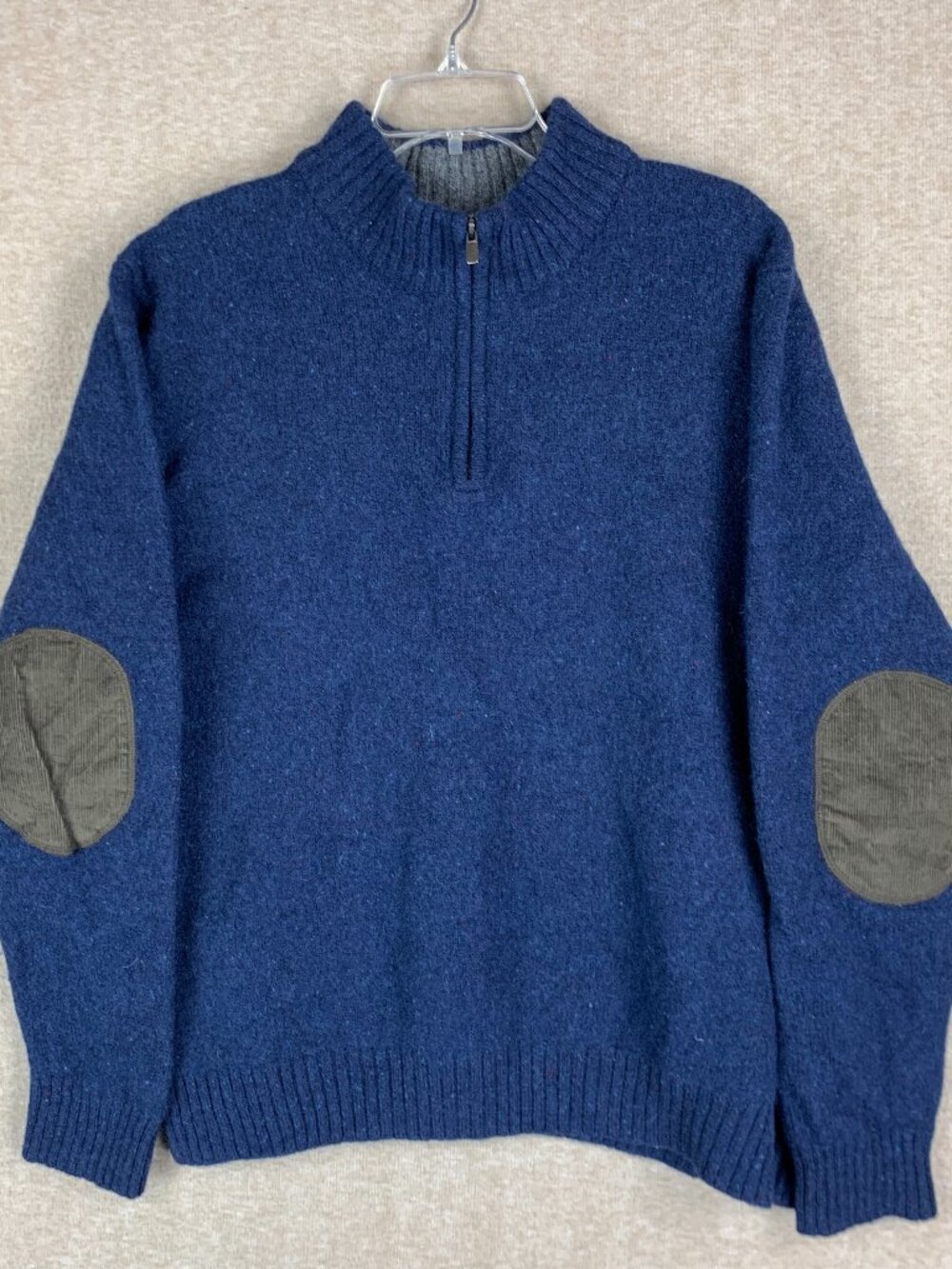 LL Bean Shetland Wool Sweater Mens 2XL Navy Blue 1/4 Zip Elbow Patch Knit Pull